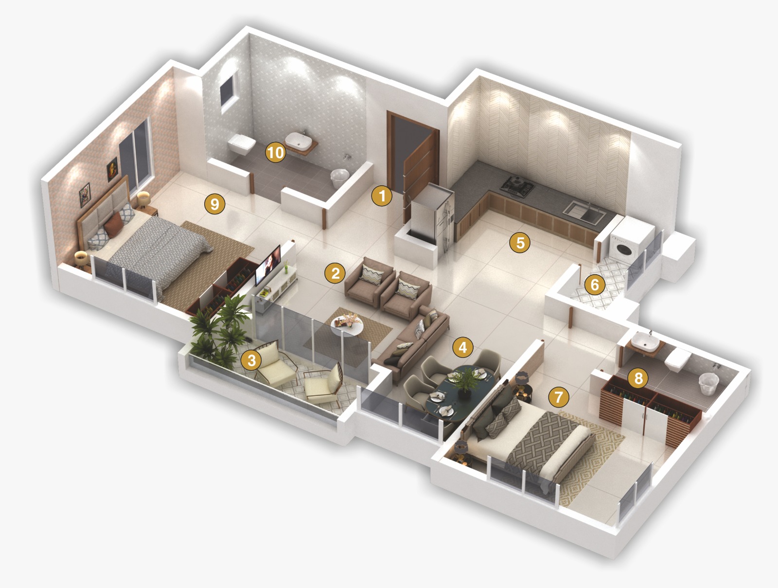 2 BHK Unit Plan 3D View